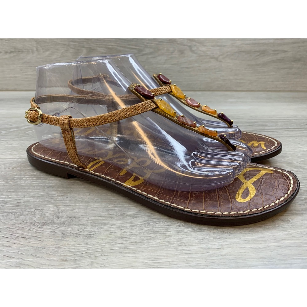 Sam Edelman Gigi Women's Flat Sandals Brown Croc Stone Embellished Thong 9.5